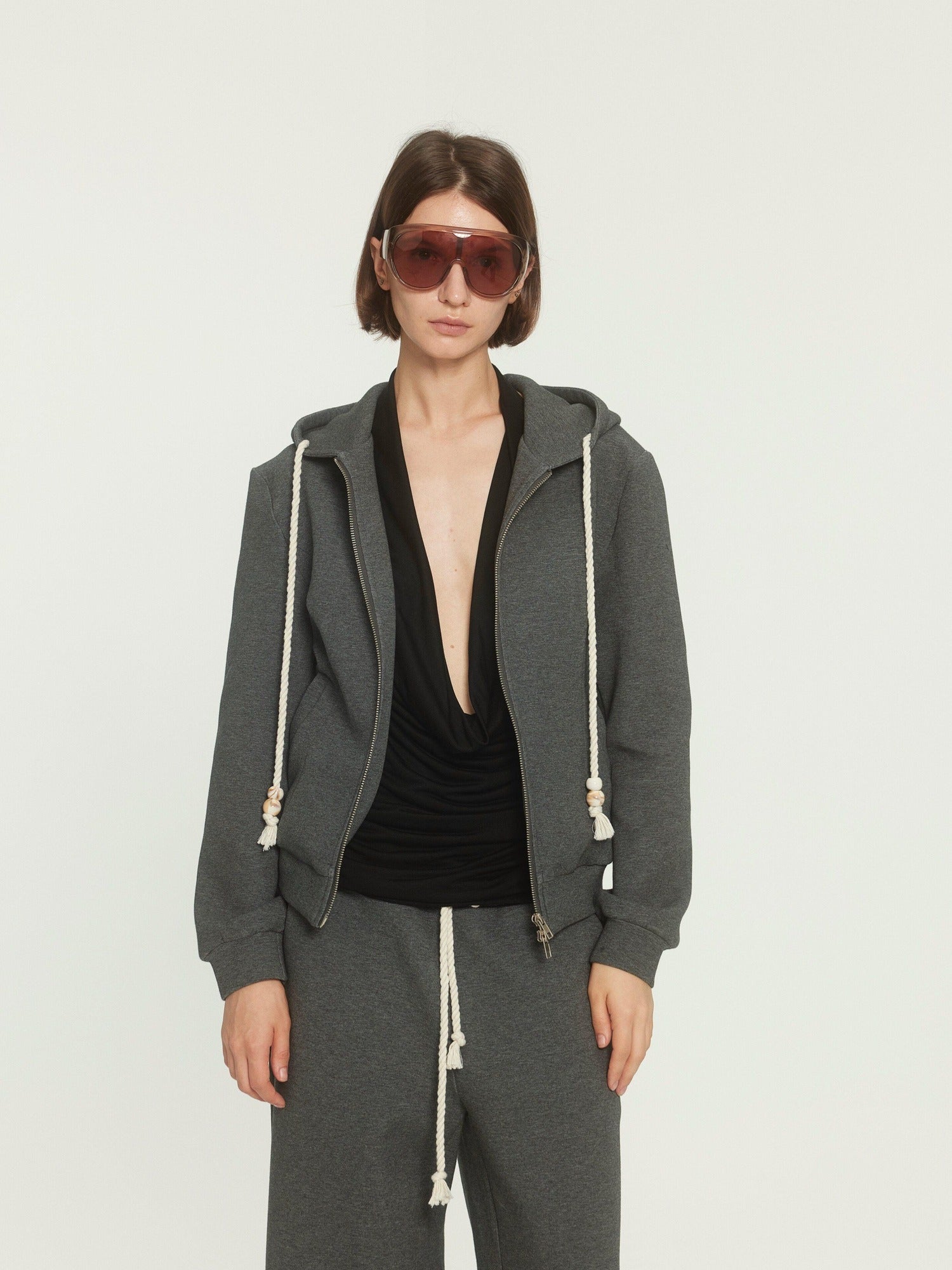 BUZHOU Drawstring Hoodie Long Joggers Sporty Unisex Grey Tracksuit Top & Pants Sets