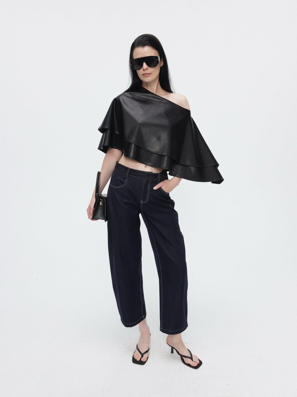 BUZHOU Edgy Pu Leather Asymmetric One Shoulder Cropped Black Street Oversized T-Shirts