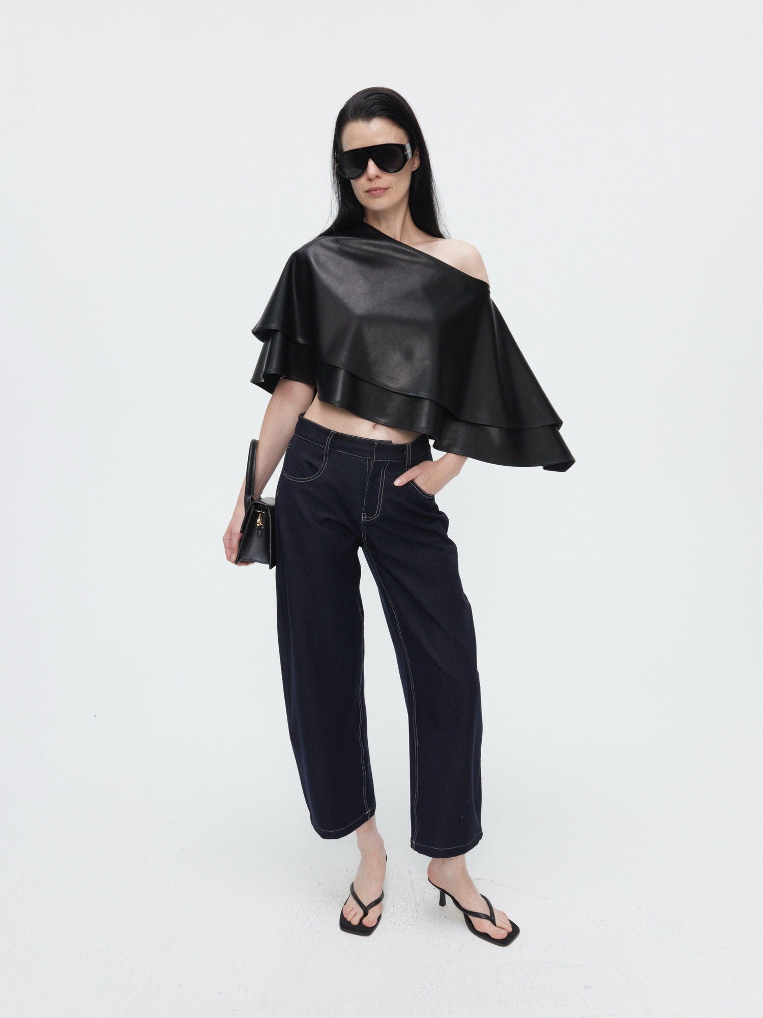 BUZHOU Edgy Pu Leather Asymmetric One Shoulder Cropped Black Street Oversized T-Shirts