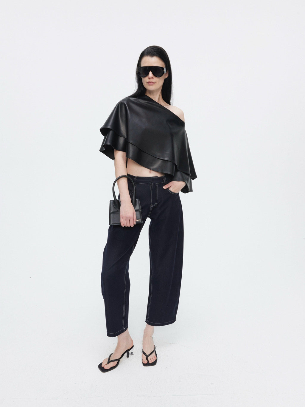 BUZHOU Edgy Pu Leather Asymmetric One Shoulder Cropped Black Street Oversized T-Shirts
