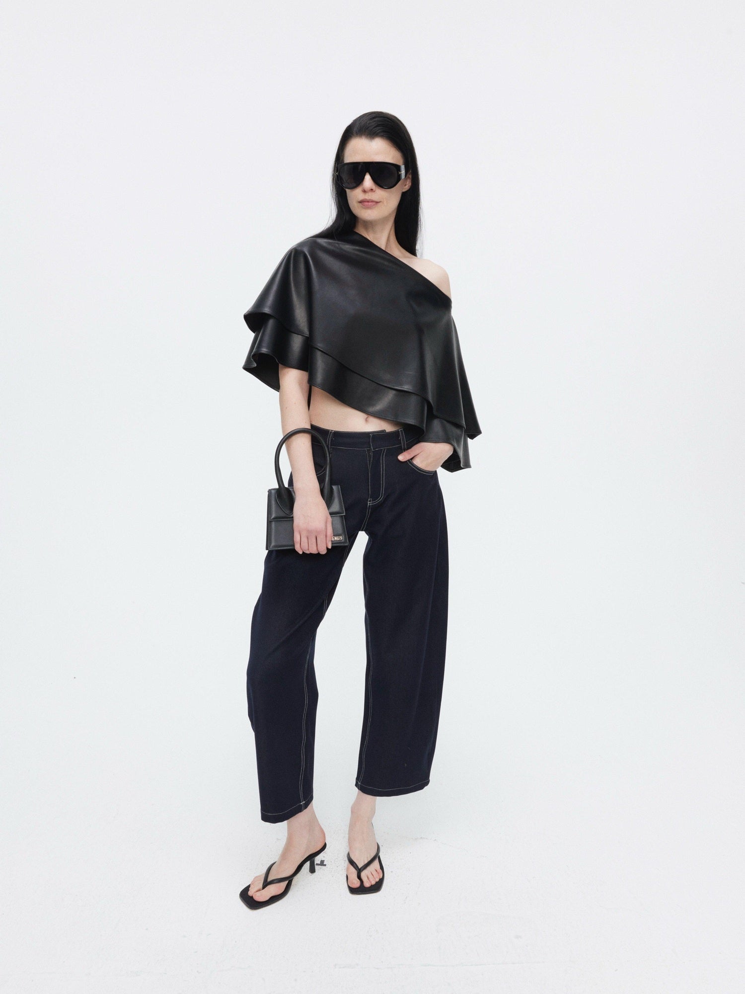 BUZHOU Edgy Pu Leather Asymmetric One Shoulder Cropped Black Street Oversized T-Shirts