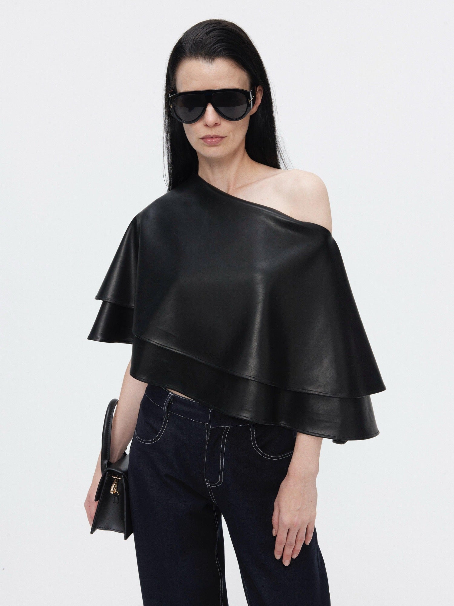 BUZHOU Edgy Pu Leather Asymmetric One Shoulder Cropped Black Street Oversized T-Shirts