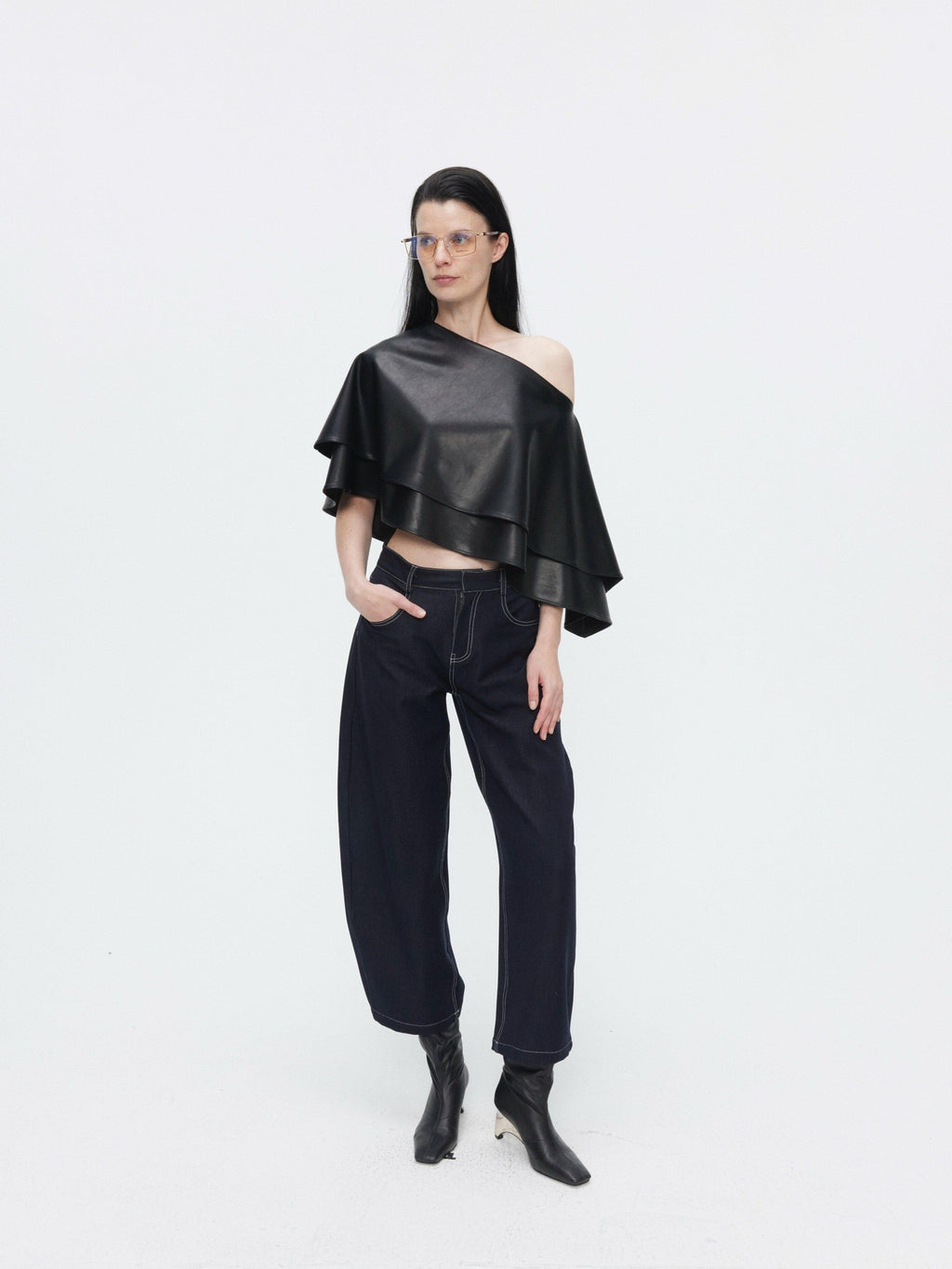 BUZHOU Edgy Pu Leather Asymmetric One Shoulder Cropped Black Street Oversized T-Shirts