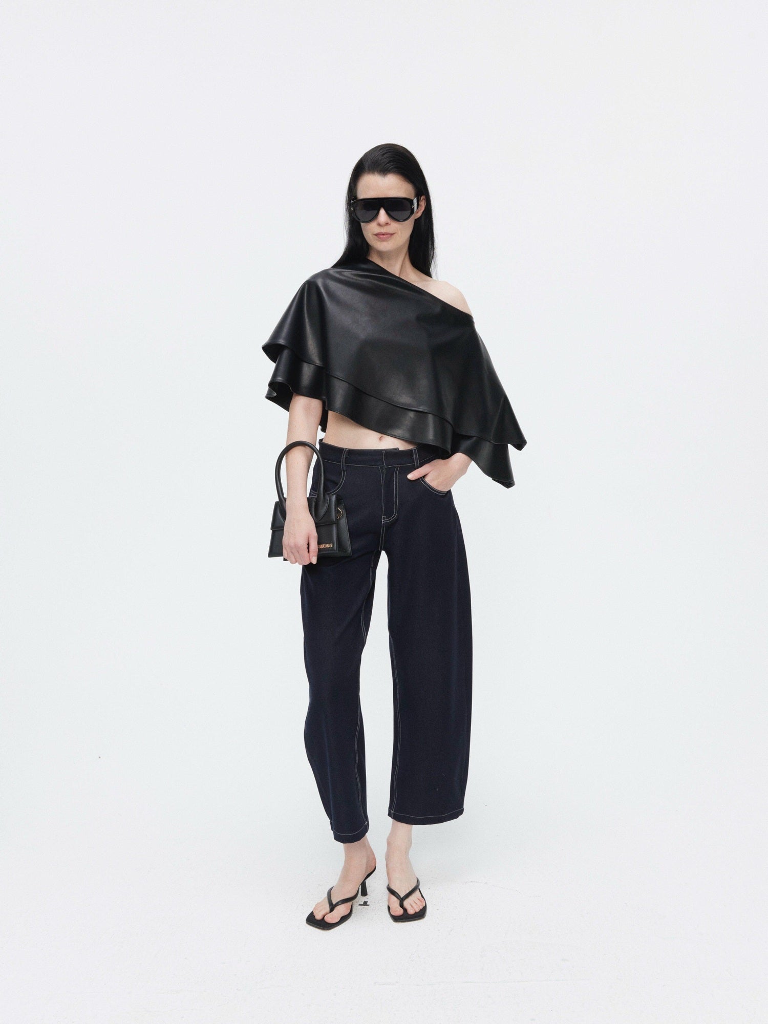BUZHOU Edgy Pu Leather Asymmetric One Shoulder Cropped Black Street Oversized T-Shirts