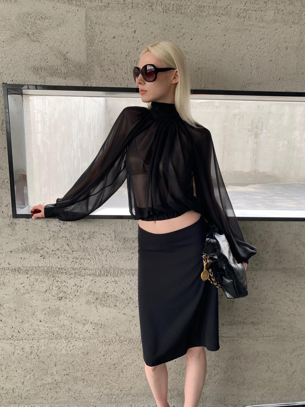BUZHOU Elegant Long Sleeve Shirred Cropped Black Chiffon Semi Sheer Women Blouses