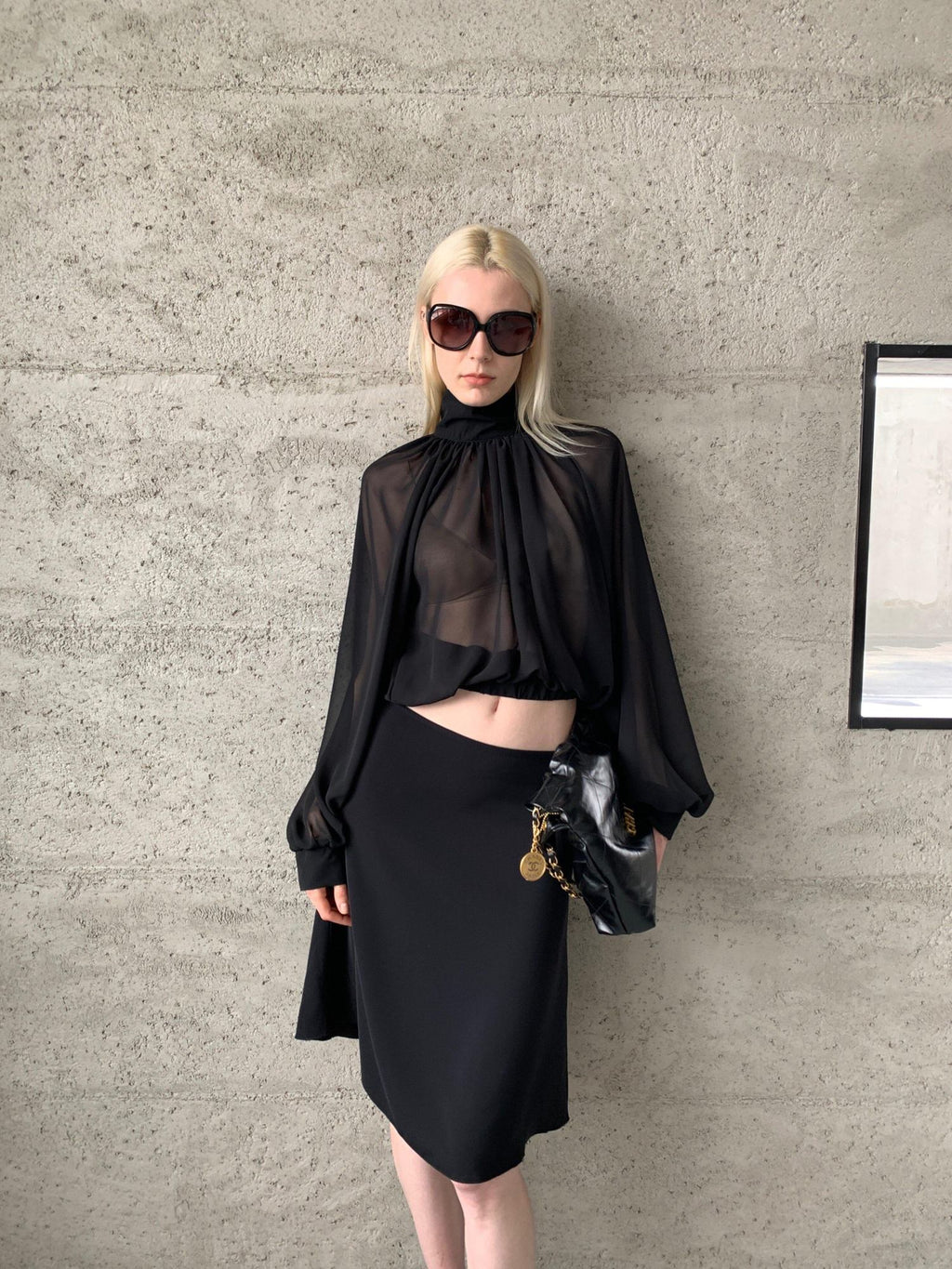 BUZHOU Elegant Long Sleeve Shirred Cropped Black Chiffon Semi Sheer Women Blouses
