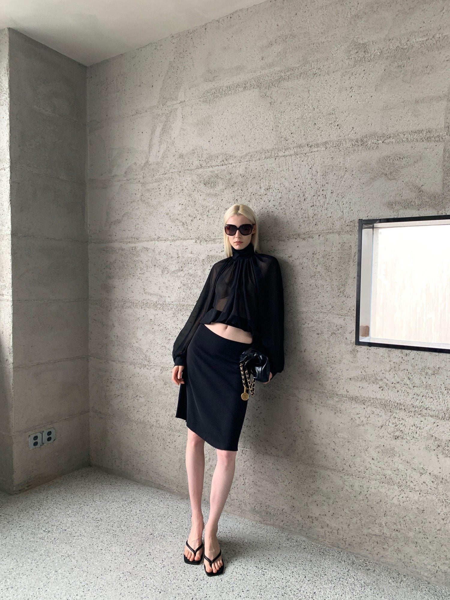 BUZHOU Elegant Long Sleeve Shirred Cropped Black Chiffon Semi Sheer Women Blouses