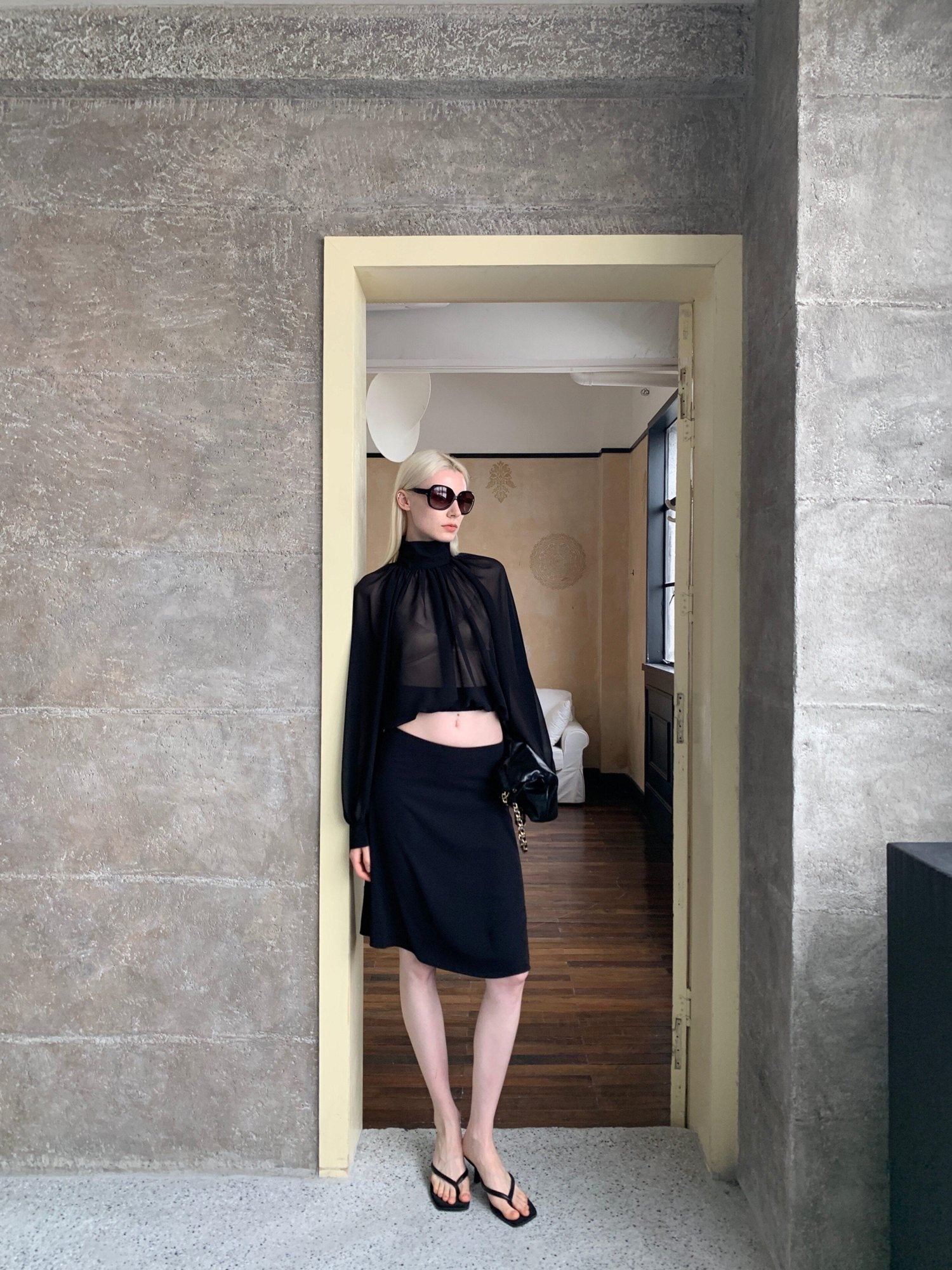 BUZHOU Elegant Long Sleeve Shirred Cropped Black Chiffon Semi Sheer Women Blouses