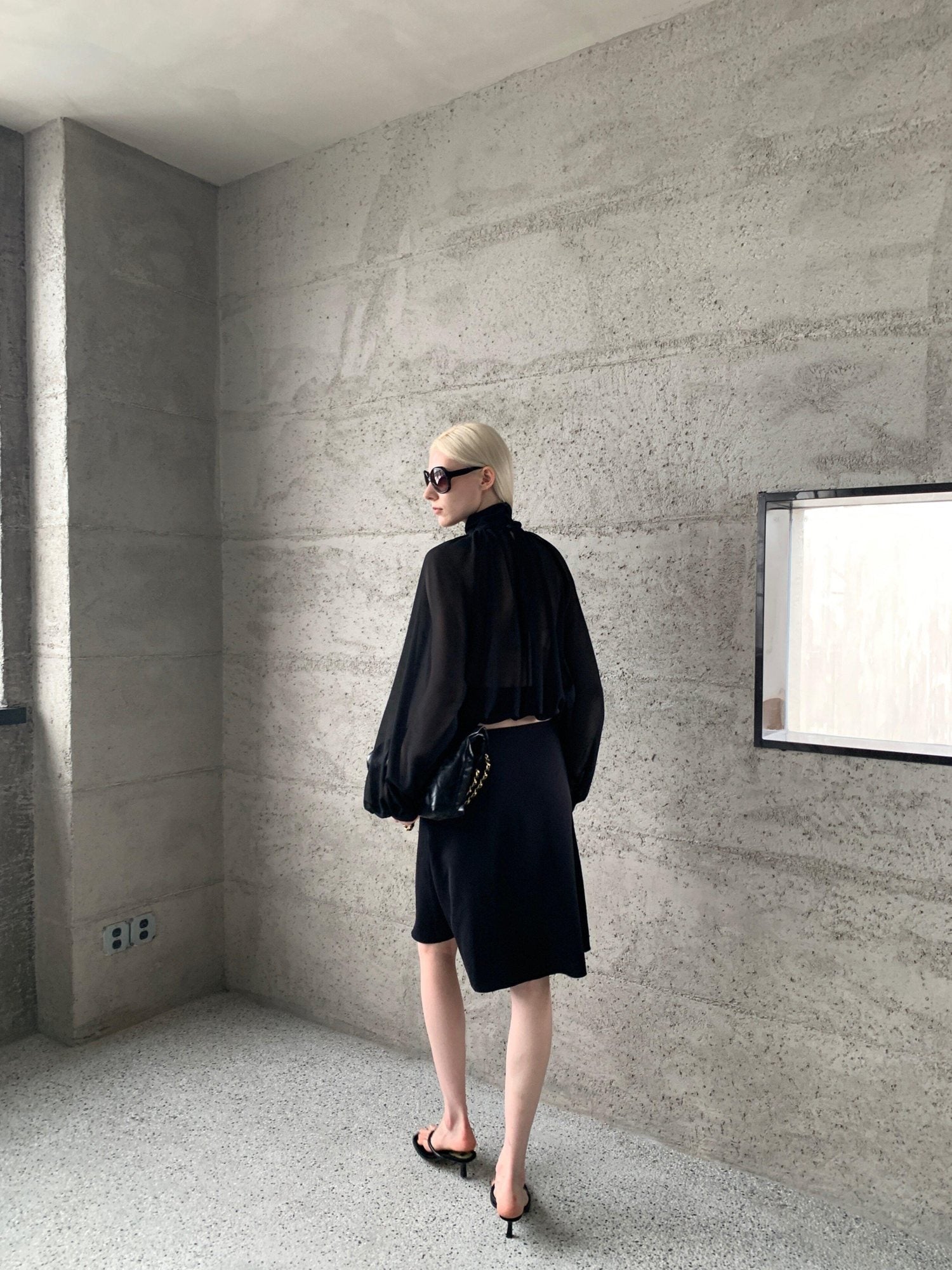 BUZHOU Elegant Long Sleeve Shirred Cropped Black Chiffon Semi Sheer Women Blouses