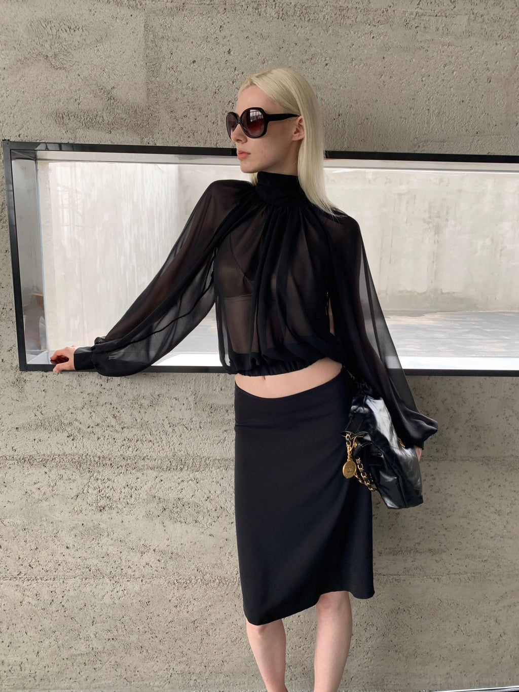 BUZHOU Elegant Long Sleeve Shirred Cropped Black Chiffon Semi Sheer Women Blouses