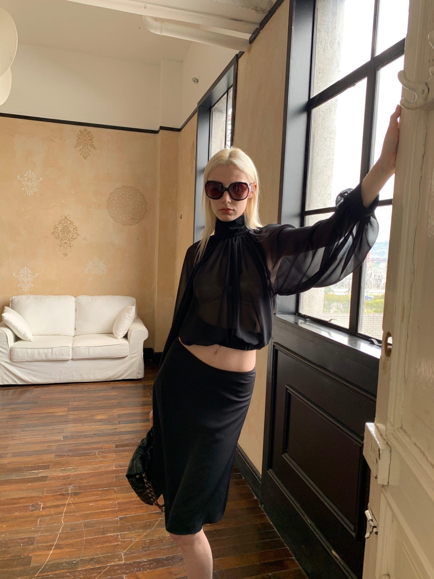BUZHOU Elegant Long Sleeve Shirred Cropped Black Chiffon Semi Sheer Women Blouses