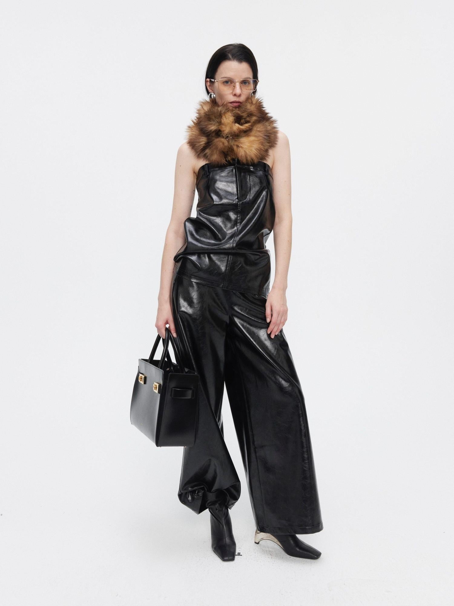 BUZHOU Faux Leather Bustier Sleeveless High Waist Minimal Two Piece Top & Pants Sets