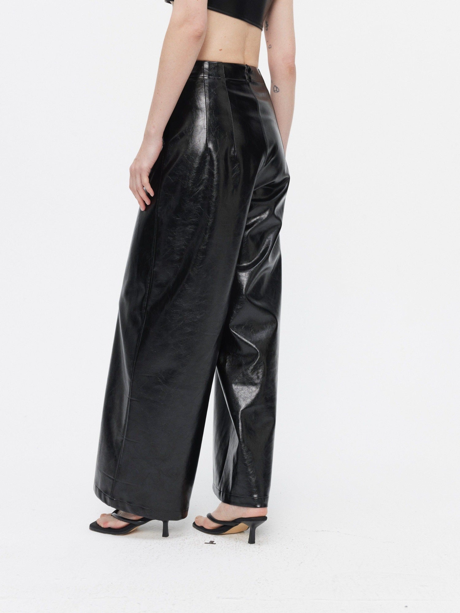 BUZHOU Faux Leather Bustier Sleeveless High Waist Minimal Two Piece Top & Pants Sets