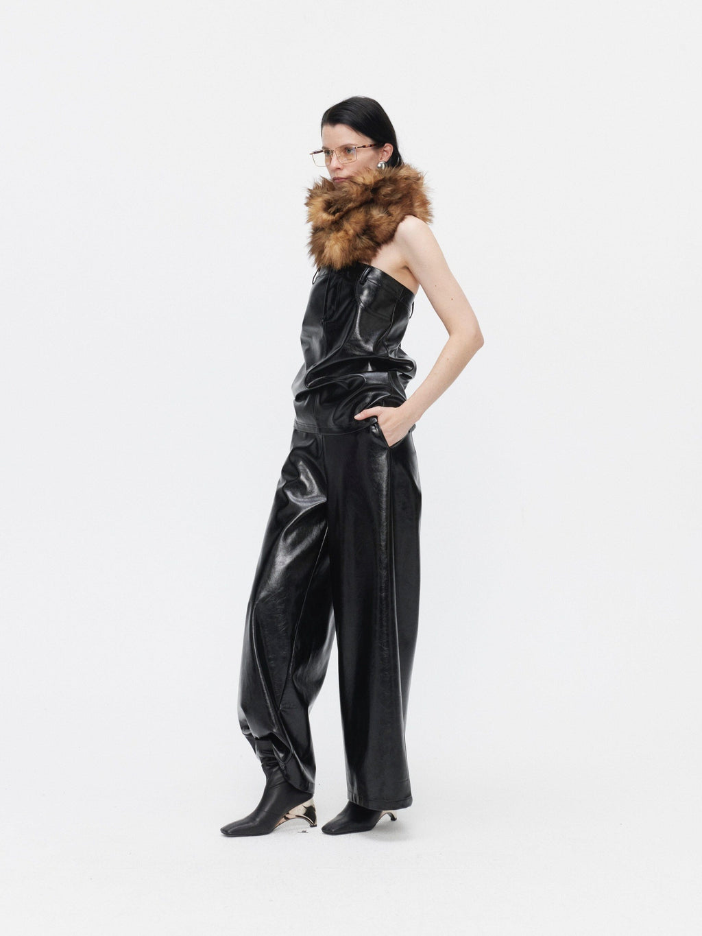 BUZHOU Faux Leather Bustier Sleeveless High Waist Minimal Two Piece Top & Pants Sets