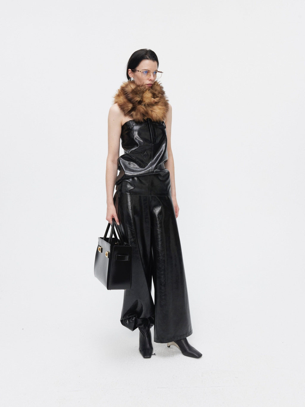 BUZHOU Faux Leather Bustier Sleeveless High Waist Minimal Two Piece Top & Pants Sets