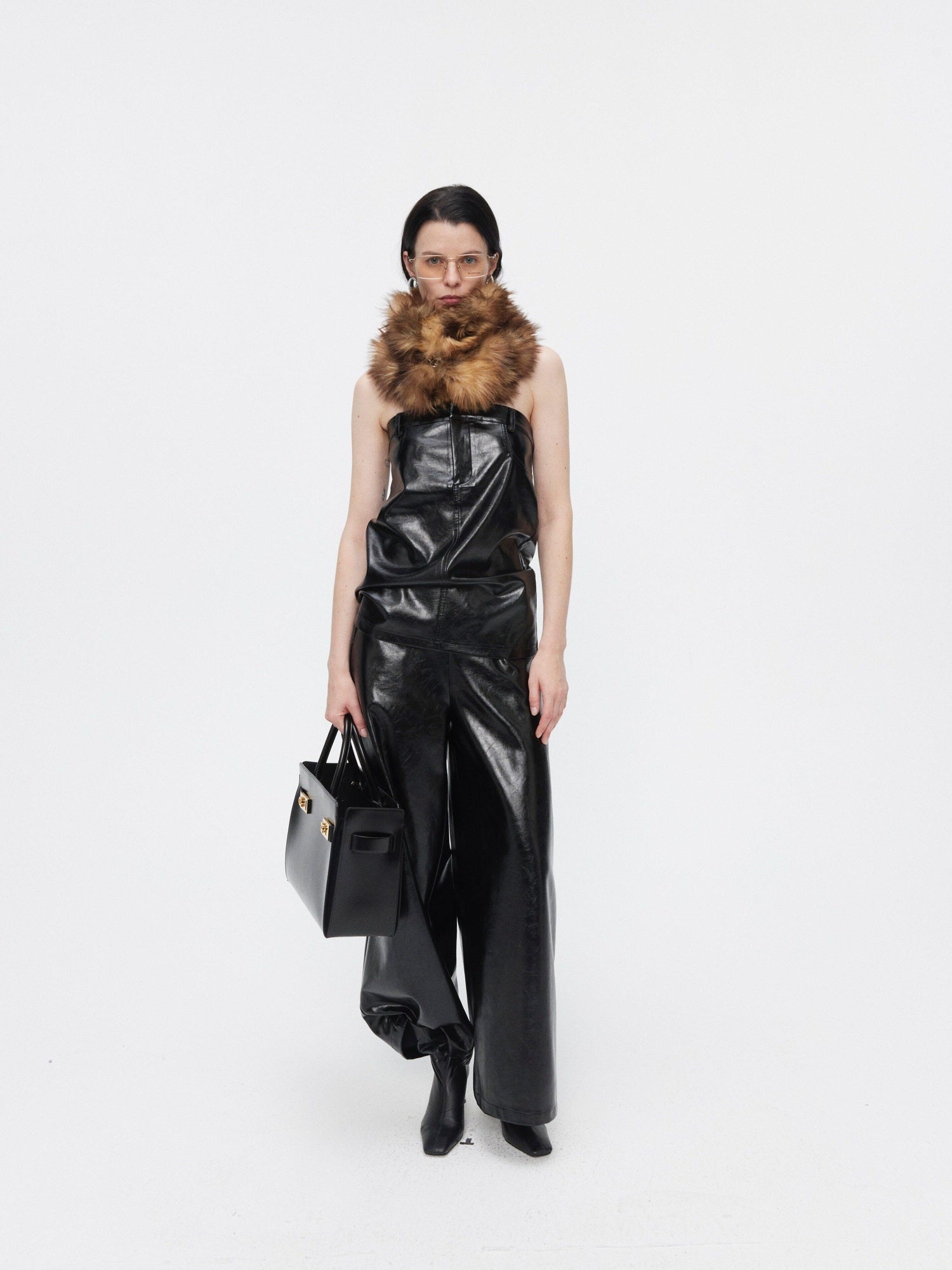 BUZHOU Faux Leather Bustier Sleeveless High Waist Minimal Two Piece Top & Pants Sets