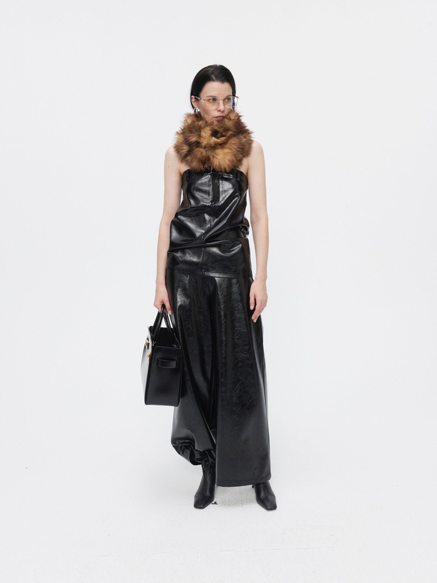 BUZHOU Faux Leather Bustier Sleeveless High Waist Minimal Two Piece Top & Pants Sets
