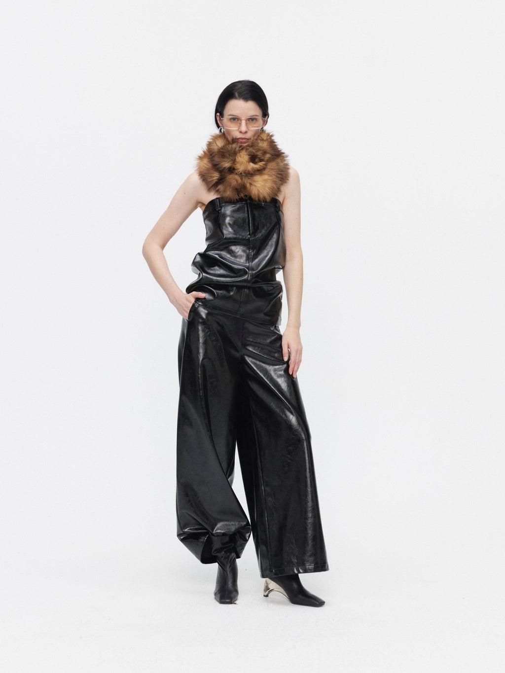 BUZHOU Faux Leather Bustier Sleeveless High Waist Minimal Two Piece Top & Pants Sets