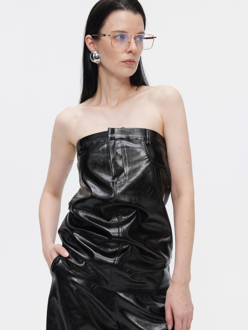 BUZHOU Faux Leather Bustier Sleeveless High Waist Minimal Two Piece Top & Pants Sets