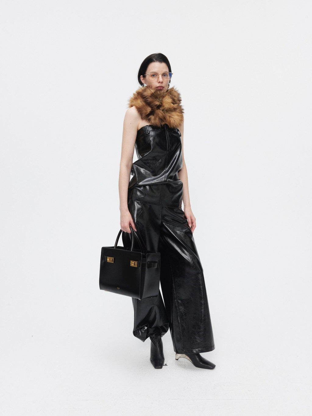 BUZHOU Faux Leather Bustier Sleeveless High Waist Minimal Two Piece Top & Pants Sets