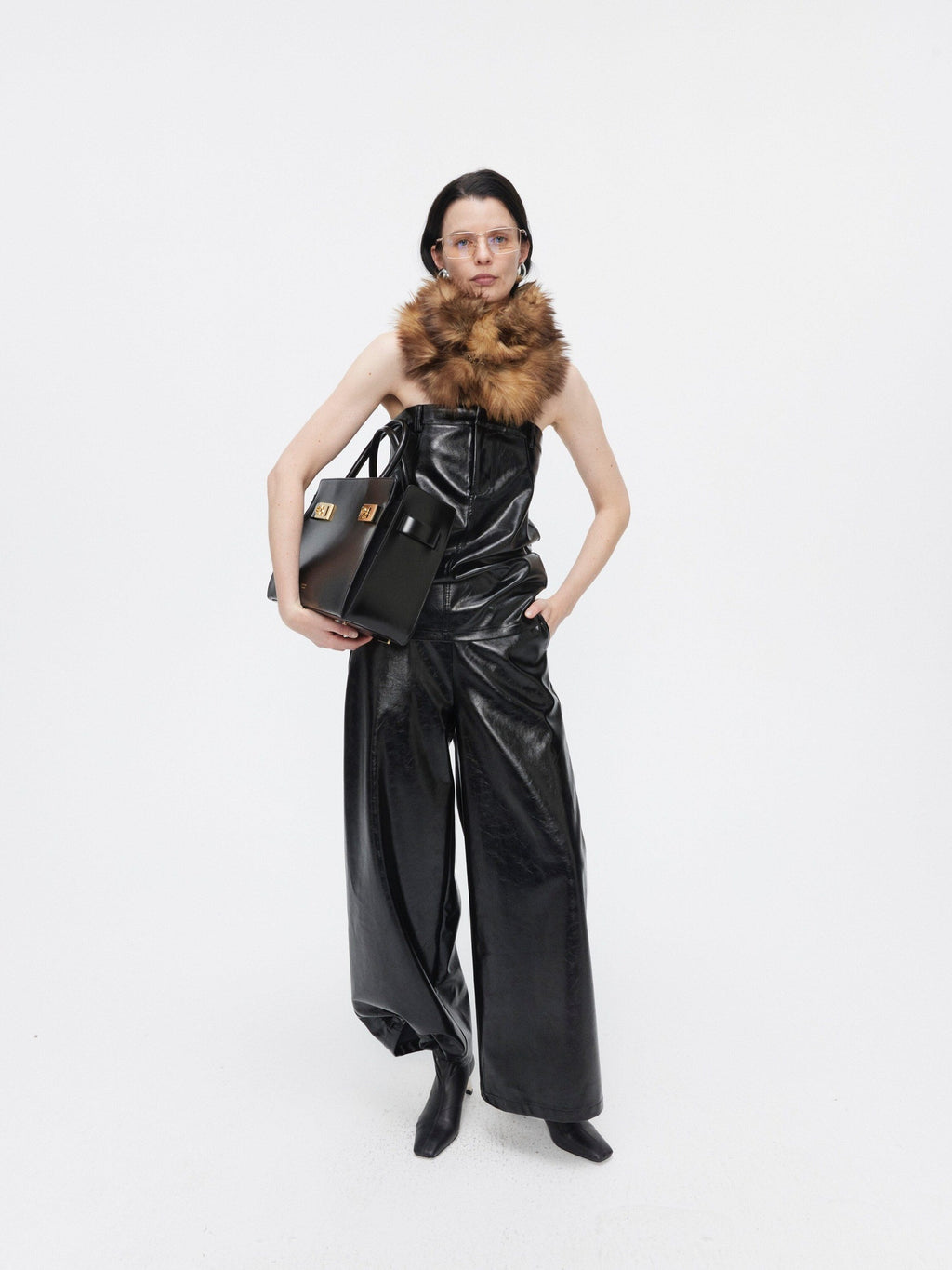 BUZHOU Faux Leather Bustier Sleeveless High Waist Minimal Two Piece Top & Pants Sets