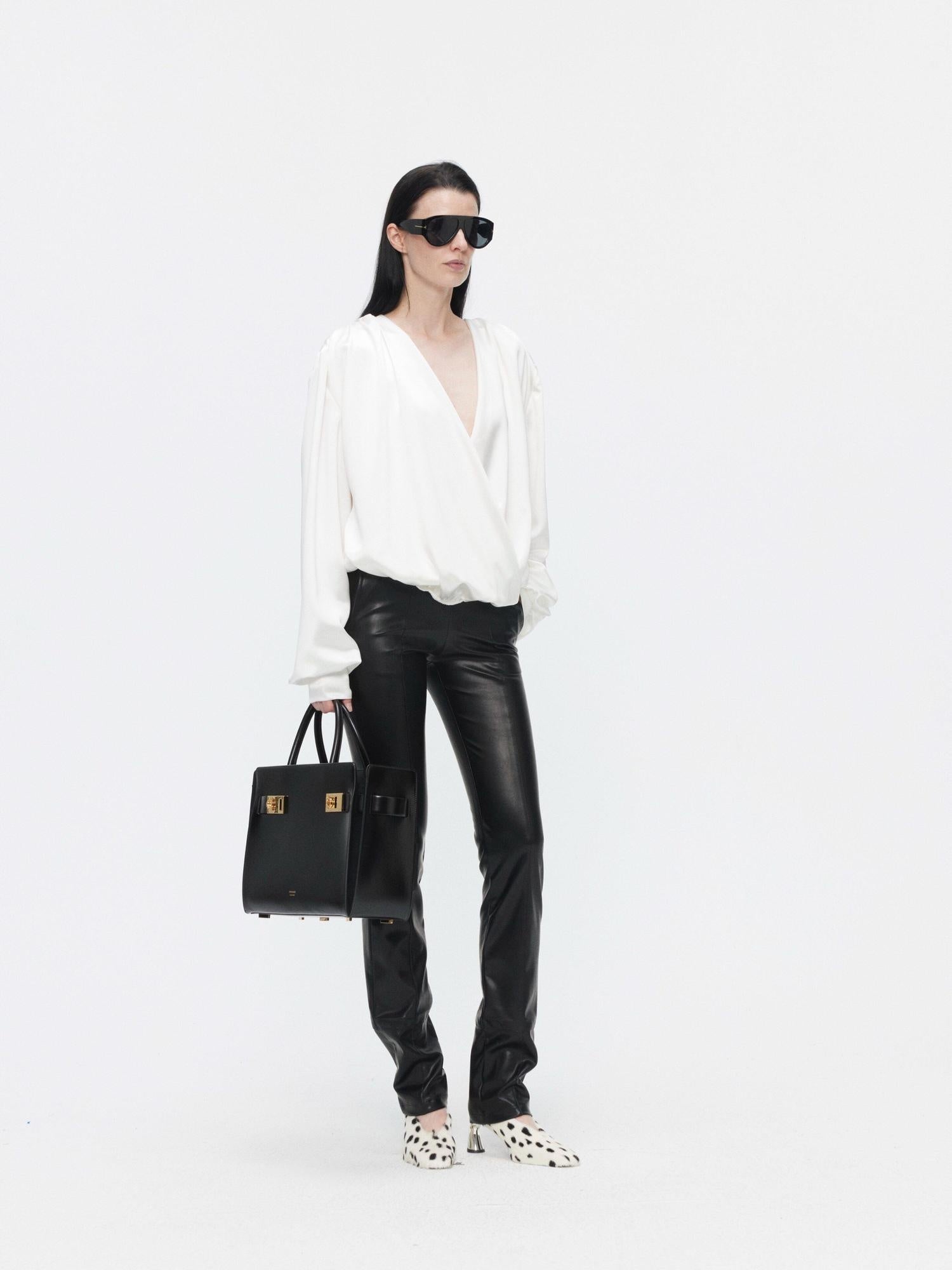 BUZHOU Faux Pu Leather Slim Minimalist Natural Waist Women Black Skinny Straight Pants