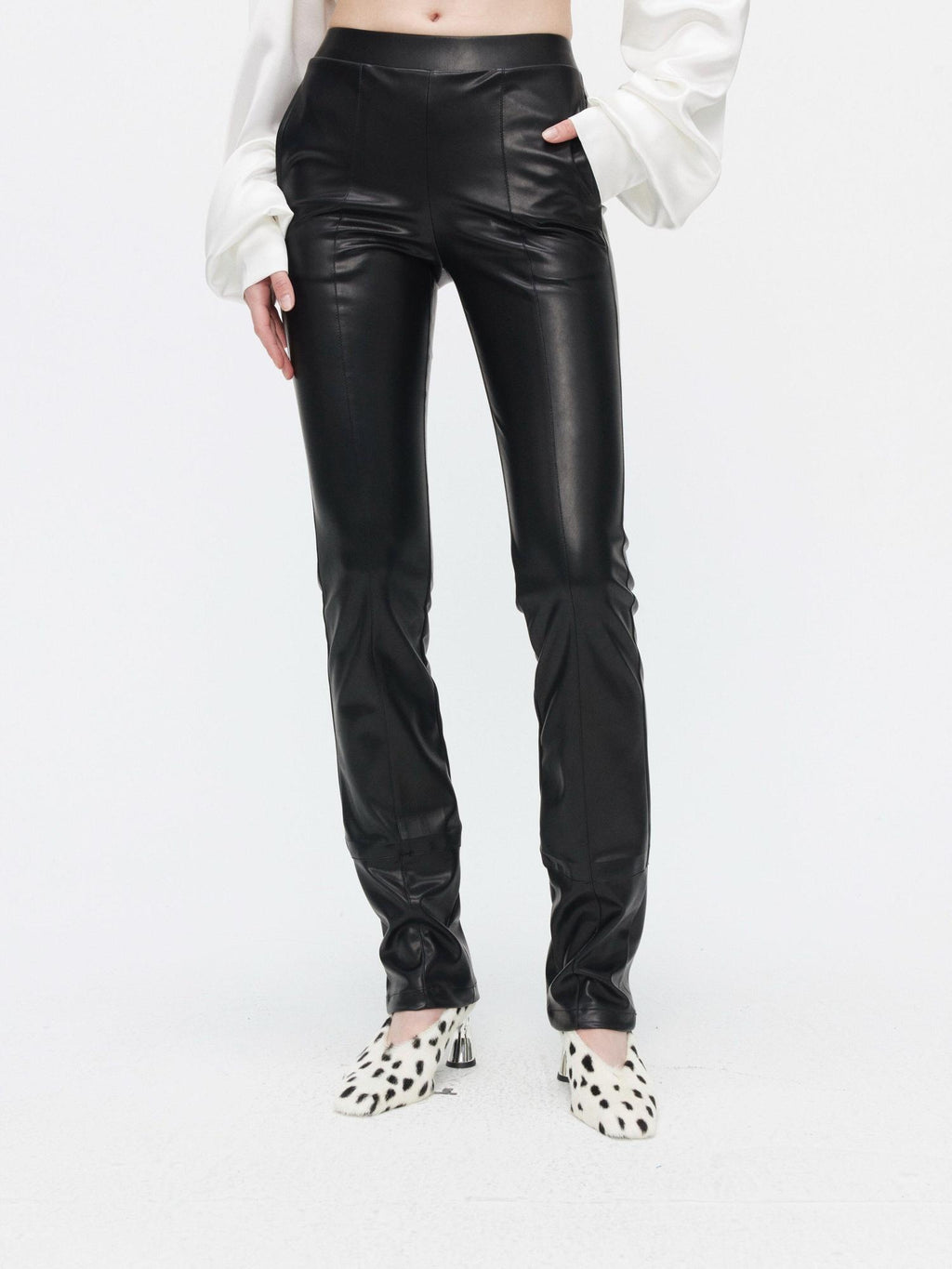 BUZHOU Faux Pu Leather Slim Minimalist Natural Waist Women Black Skinny Straight Pants