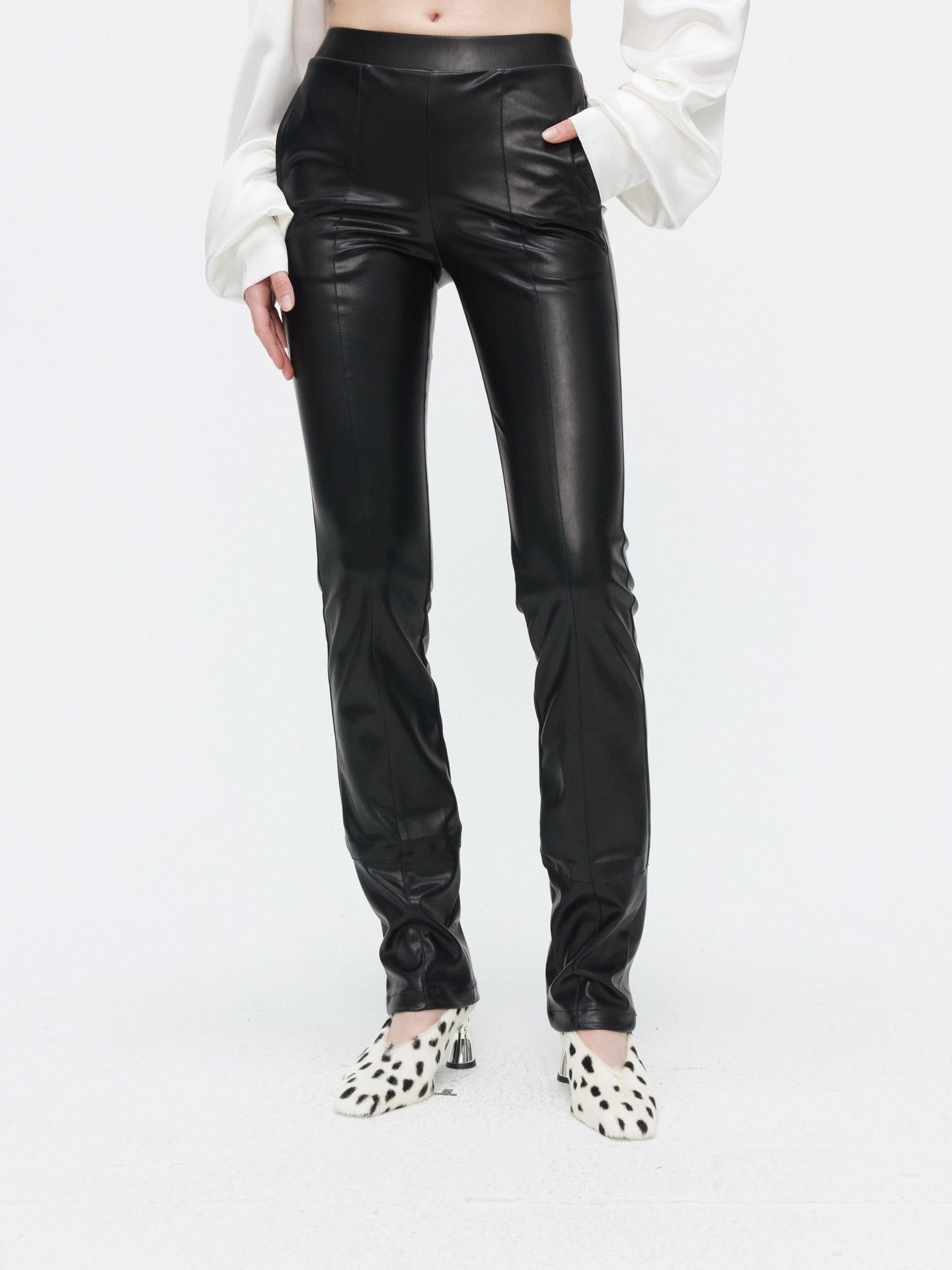 BUZHOU Faux Pu Leather Slim Minimalist Natural Waist Women Black Skinny Straight Pants