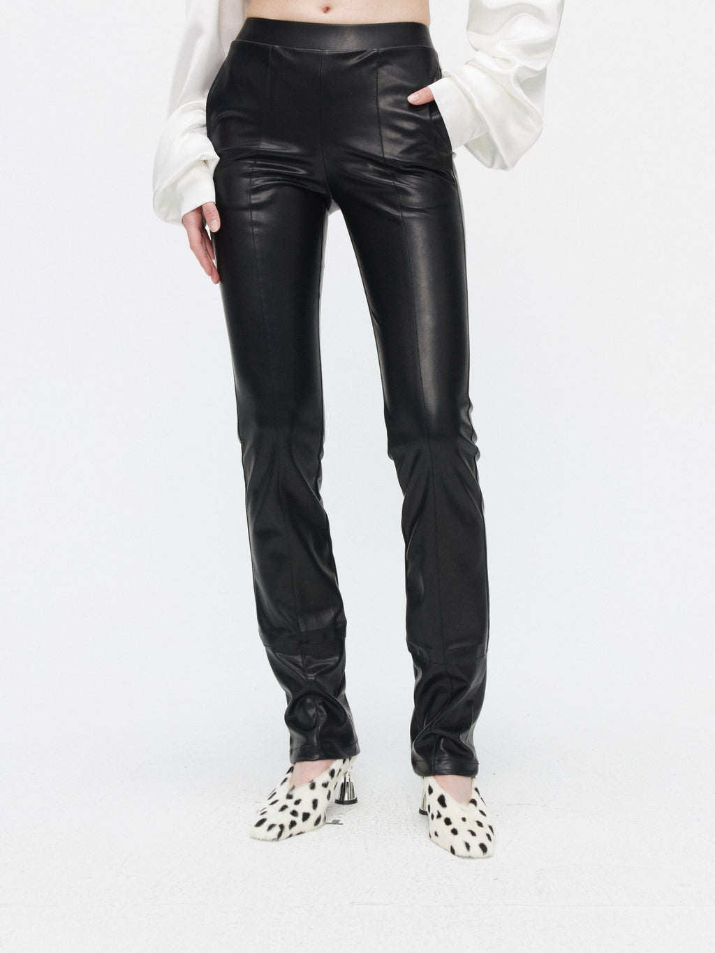 BUZHOU Faux Pu Leather Slim Minimalist Natural Waist Women Black Skinny Straight Pants