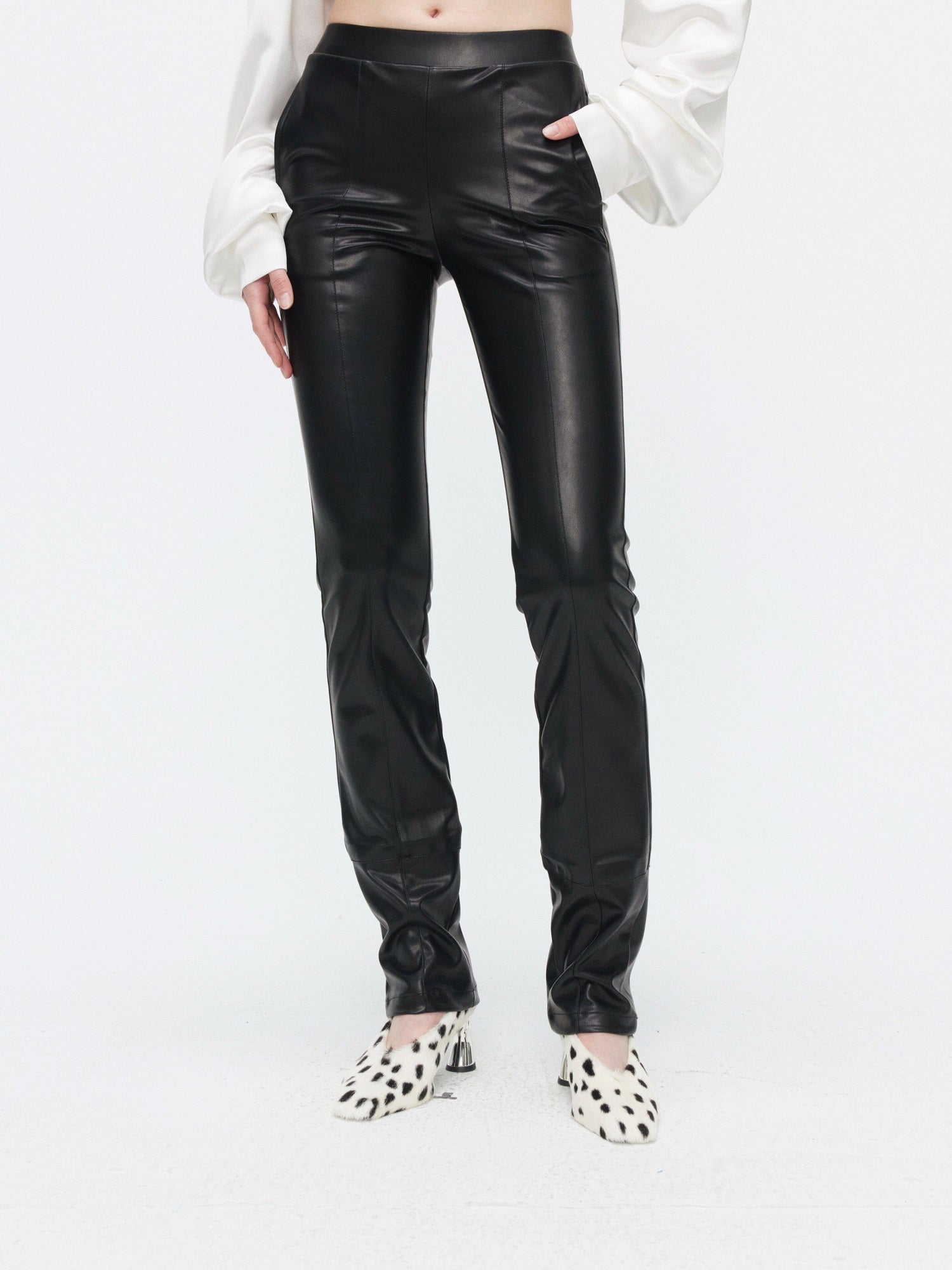 BUZHOU Faux Pu Leather Slim Minimalist Natural Waist Women Black Skinny Straight Pants