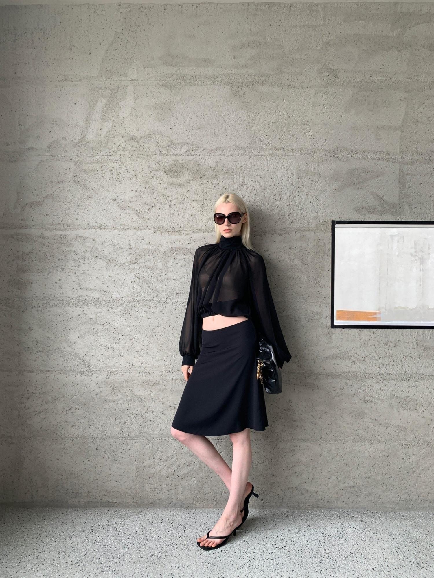 BUZHOU Flattering Low Waist Black Chiffon Fishtail Loose Fit Women Midi Skirts