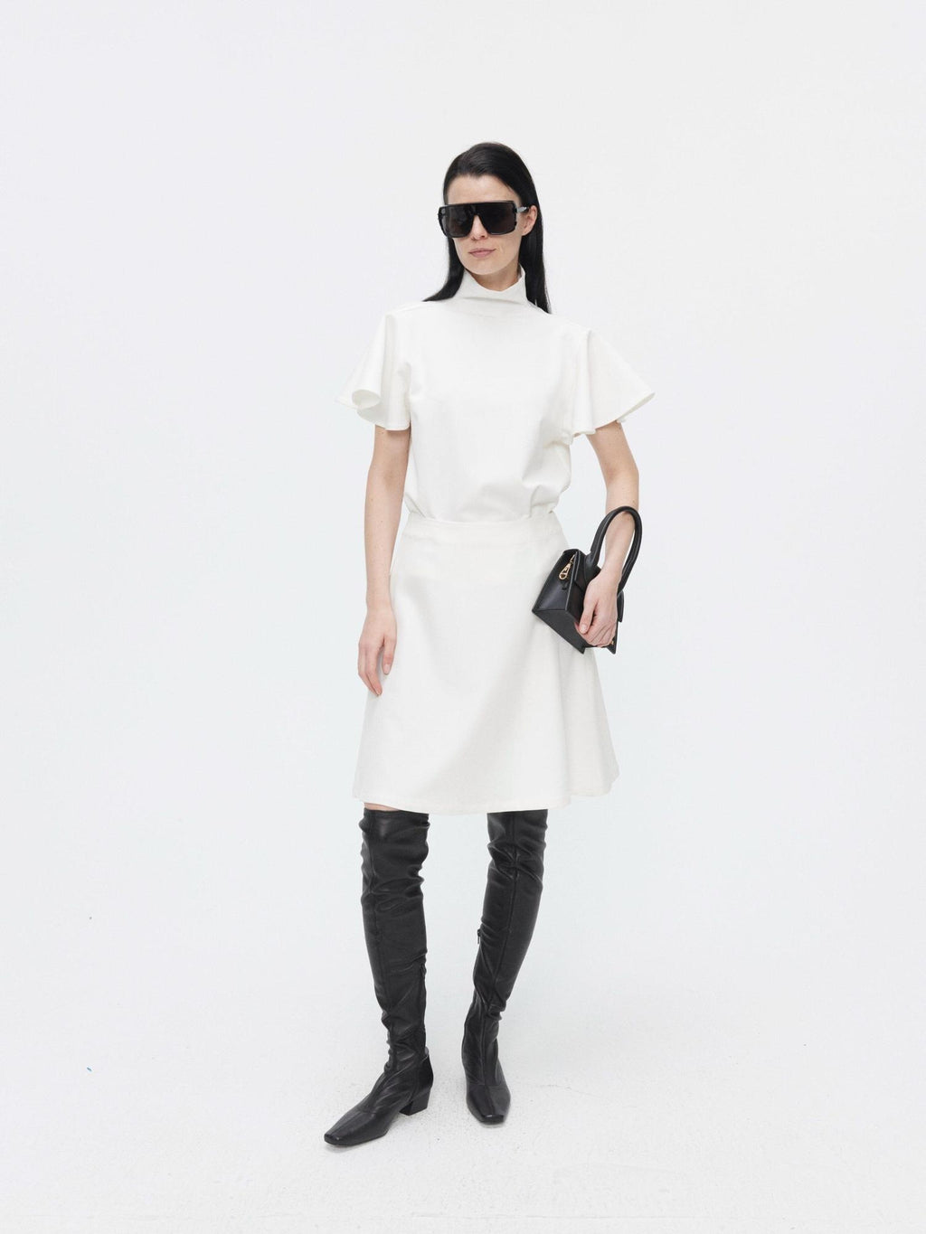 BUZHOU High Neck Short Sleeve Two Piece High Waist A Line Denim Women Top & Skirt Sets