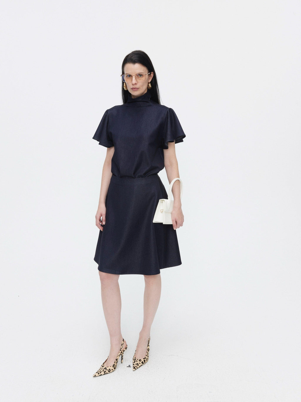 BUZHOU High Neck Short Sleeve Two Piece High Waist A Line Denim Women Top & Skirt Sets