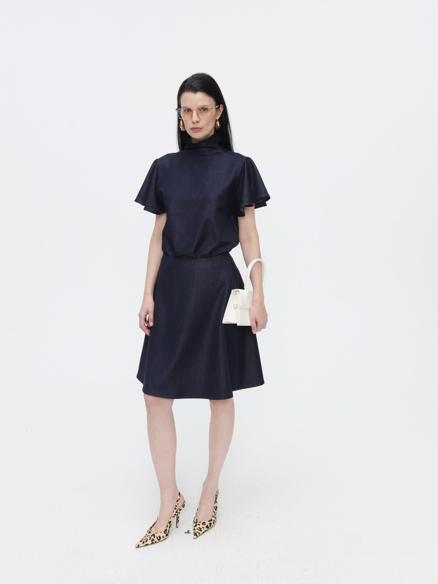 BUZHOU High Neck Short Sleeve Two Piece High Waist A Line Denim Women Top & Skirt Sets