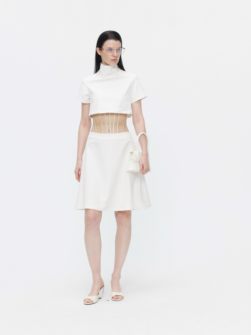 BUZHOU High Neck Short Sleeve Two Piece High Waist A Line Denim Women Top & Skirt Sets