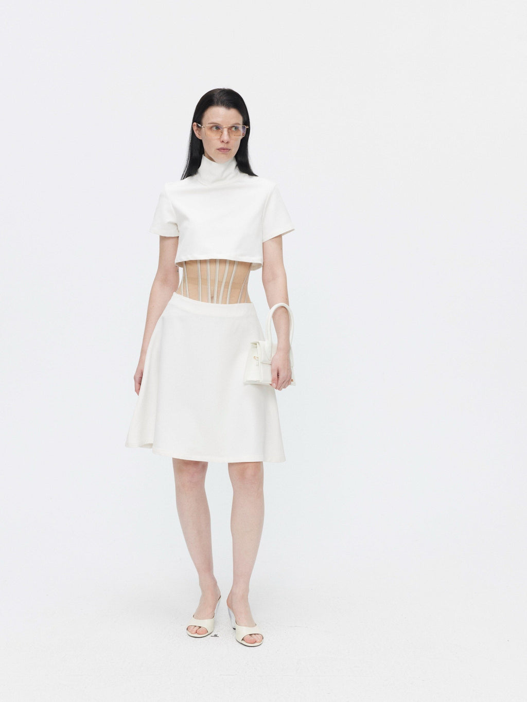BUZHOU High Neck Short Sleeve Two Piece High Waist A Line Denim Women Top & Skirt Sets