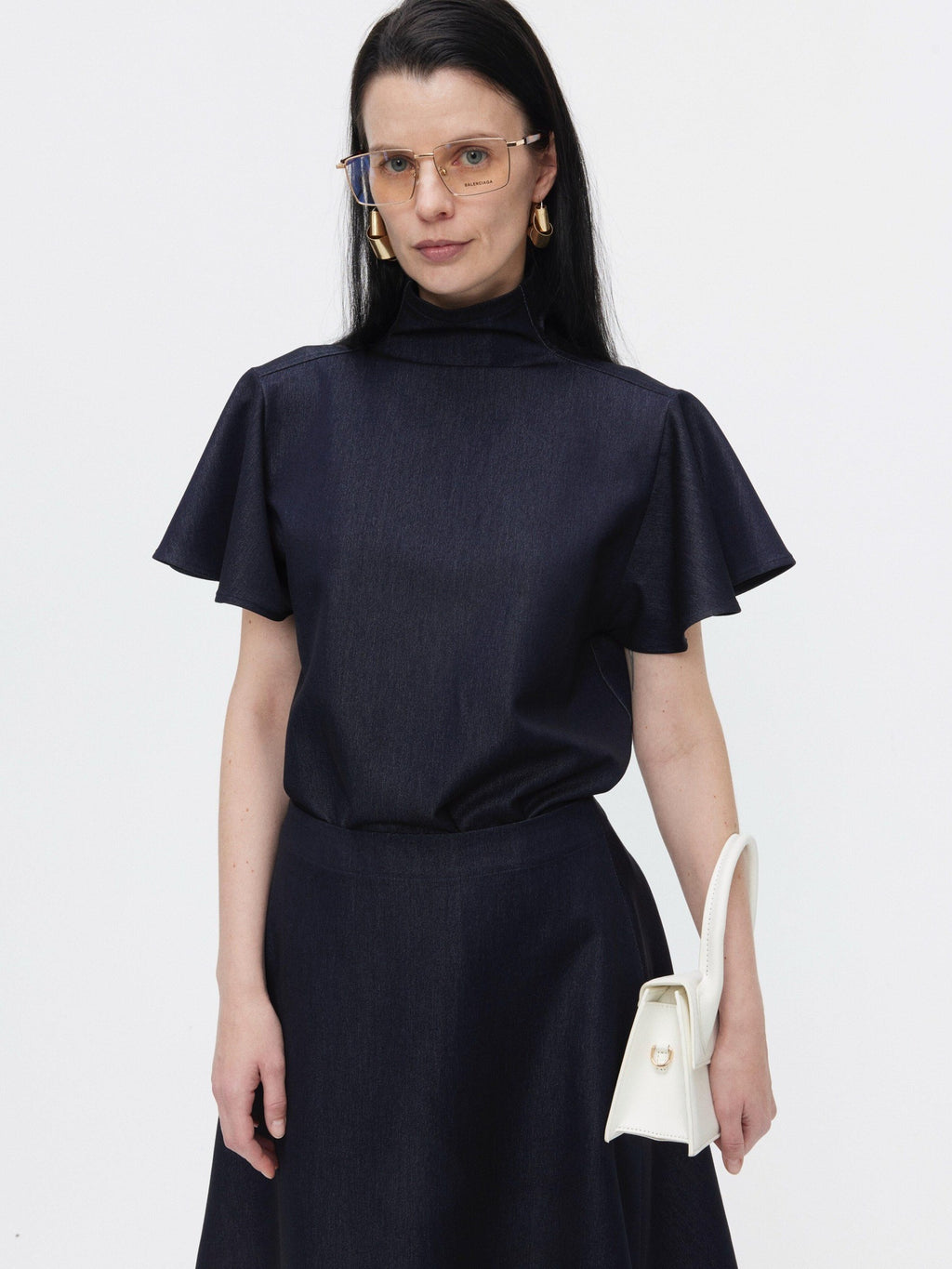 BUZHOU High Neck Short Sleeve Two Piece High Waist A Line Denim Women Top & Skirt Sets
