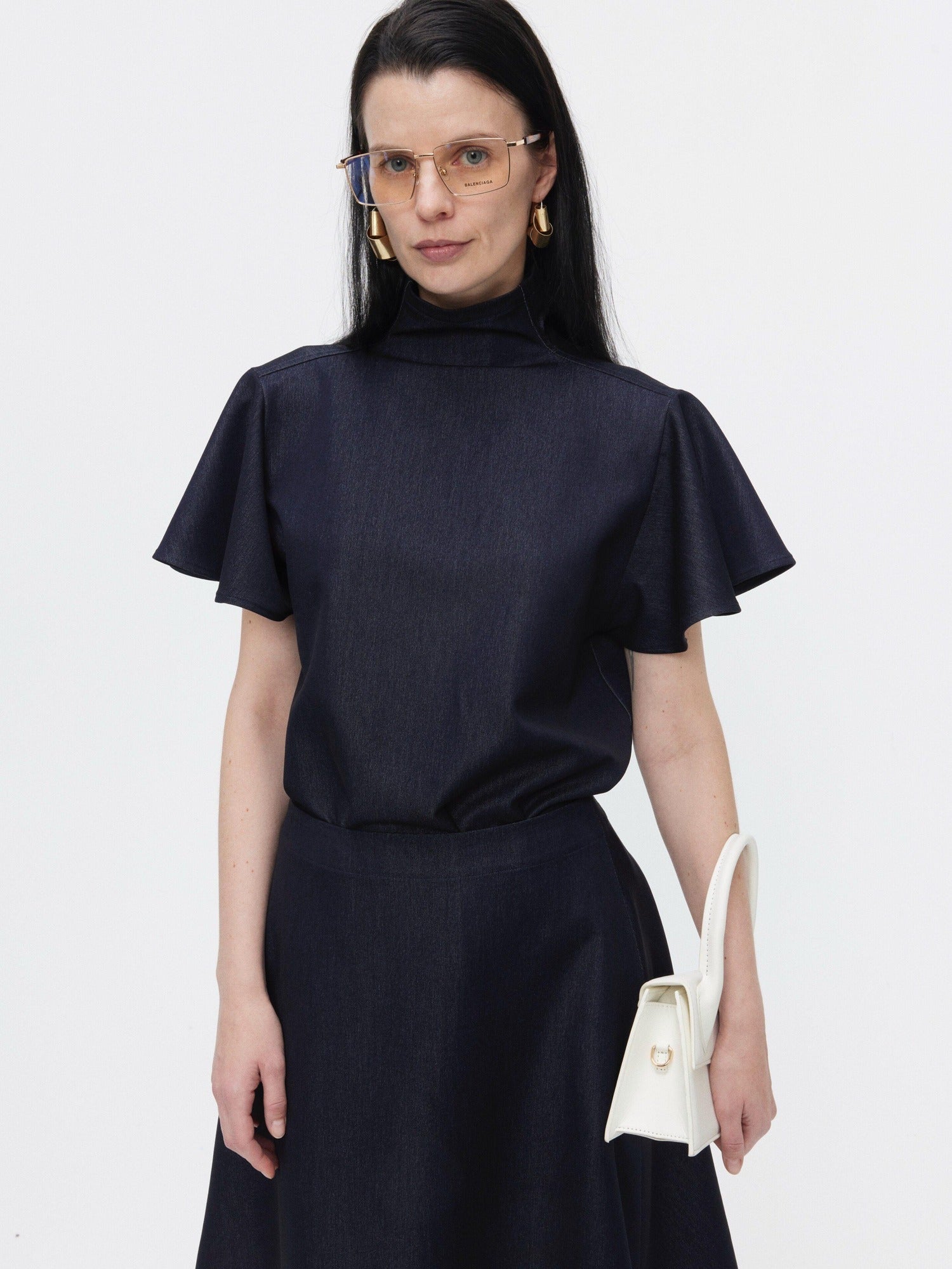 BUZHOU High Neck Short Sleeve Two Piece High Waist A Line Denim Women Top & Skirt Sets