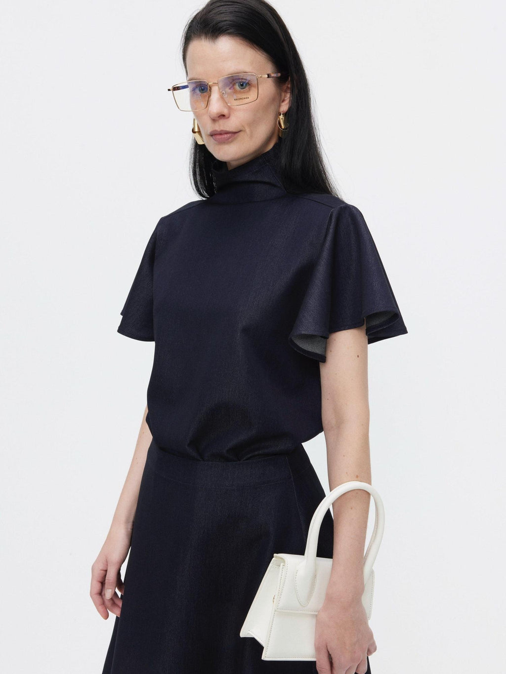 BUZHOU High Neck Short Sleeve Two Piece High Waist A Line Denim Women Top & Skirt Sets