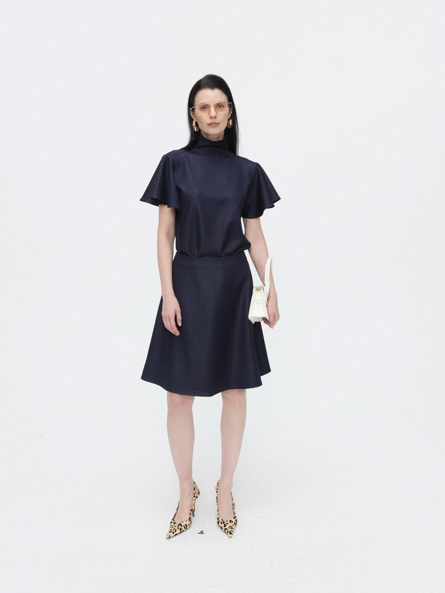 BUZHOU High Neck Short Sleeve Two Piece High Waist A Line Denim Women Top & Skirt Sets