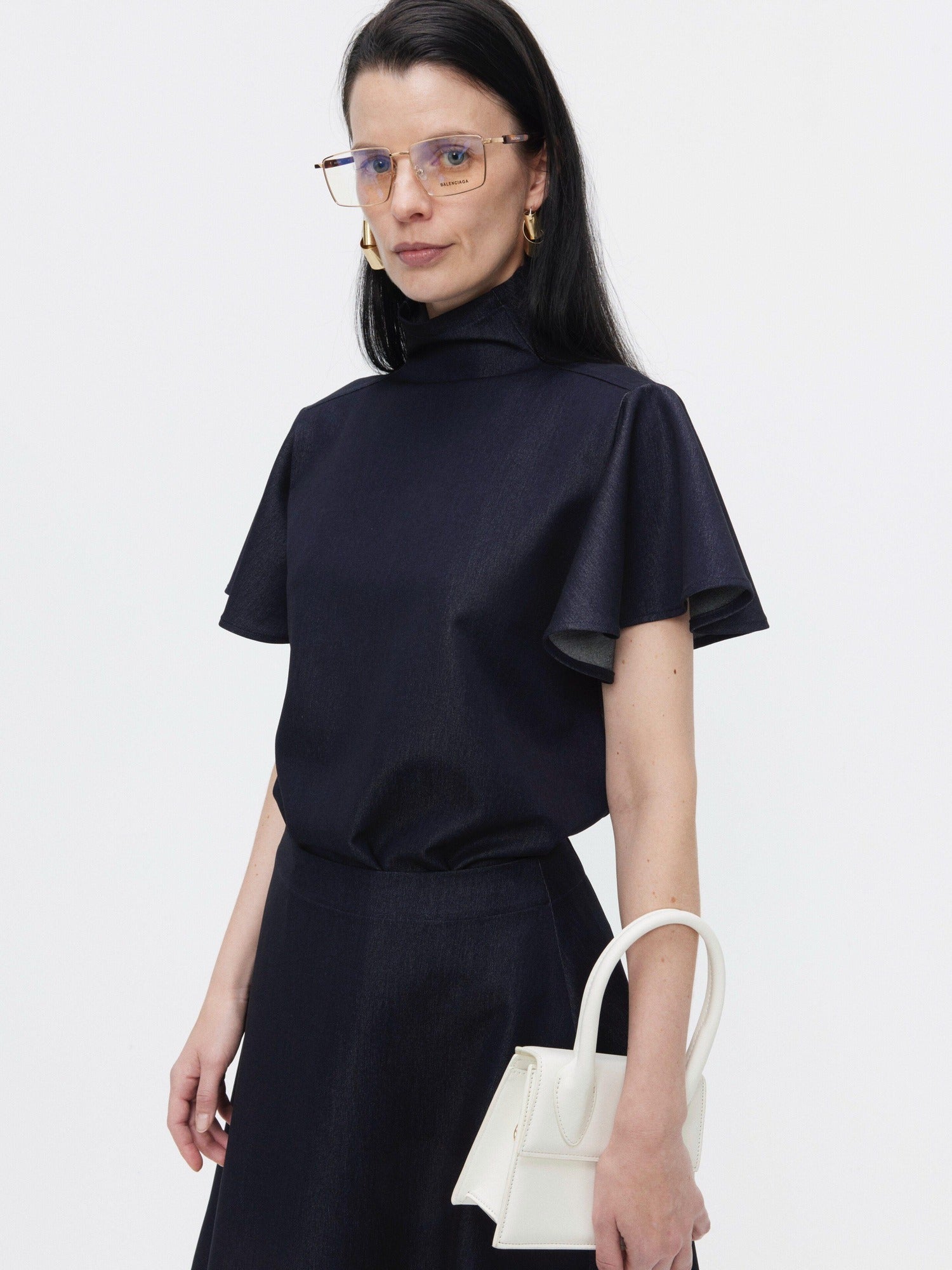 BUZHOU High Neck Short Sleeve Two Piece High Waist A Line Denim Women Top & Skirt Sets