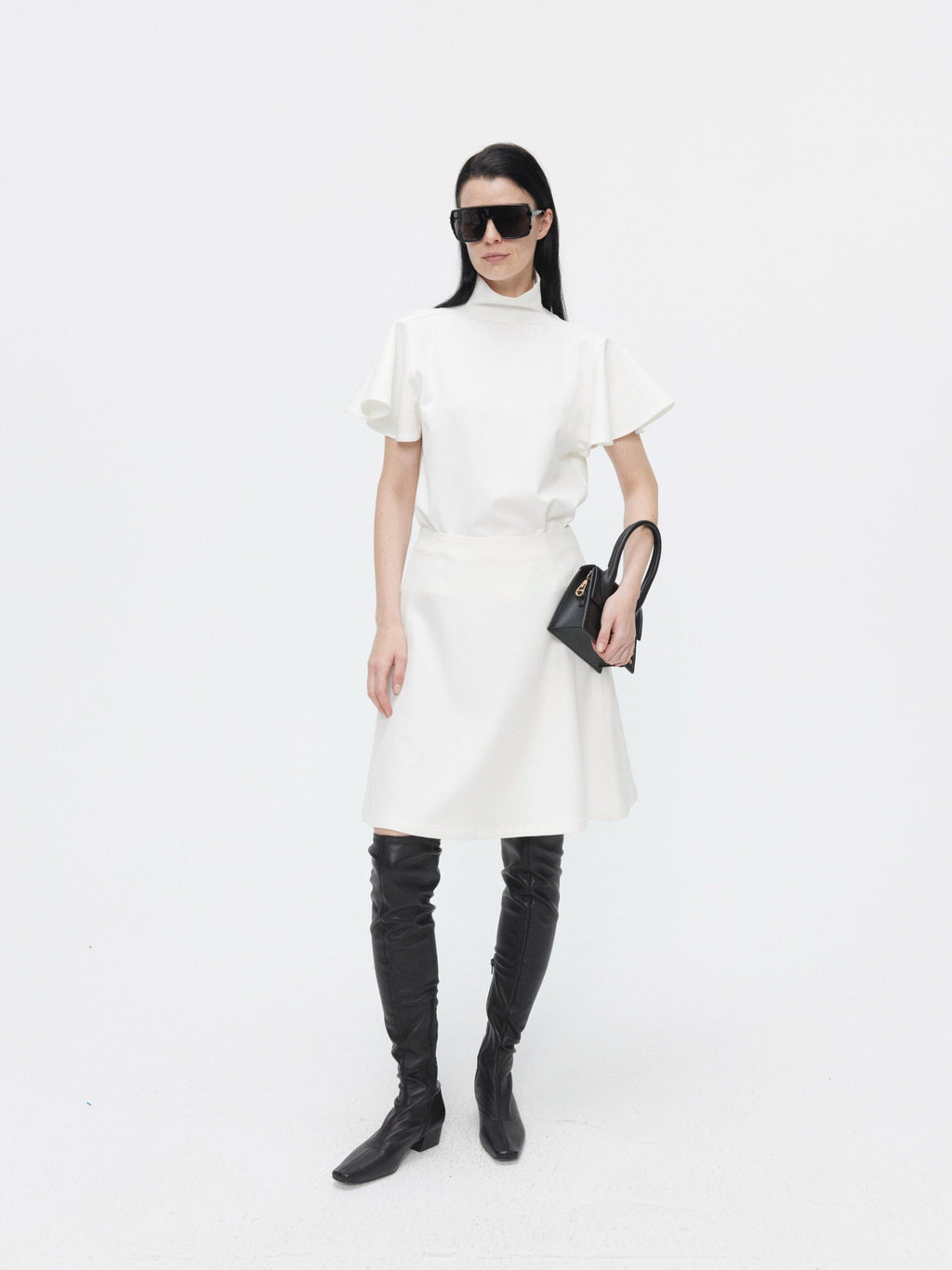 BUZHOU High Neck Short Sleeve Two Piece High Waist A Line Denim Women Top & Skirt Sets