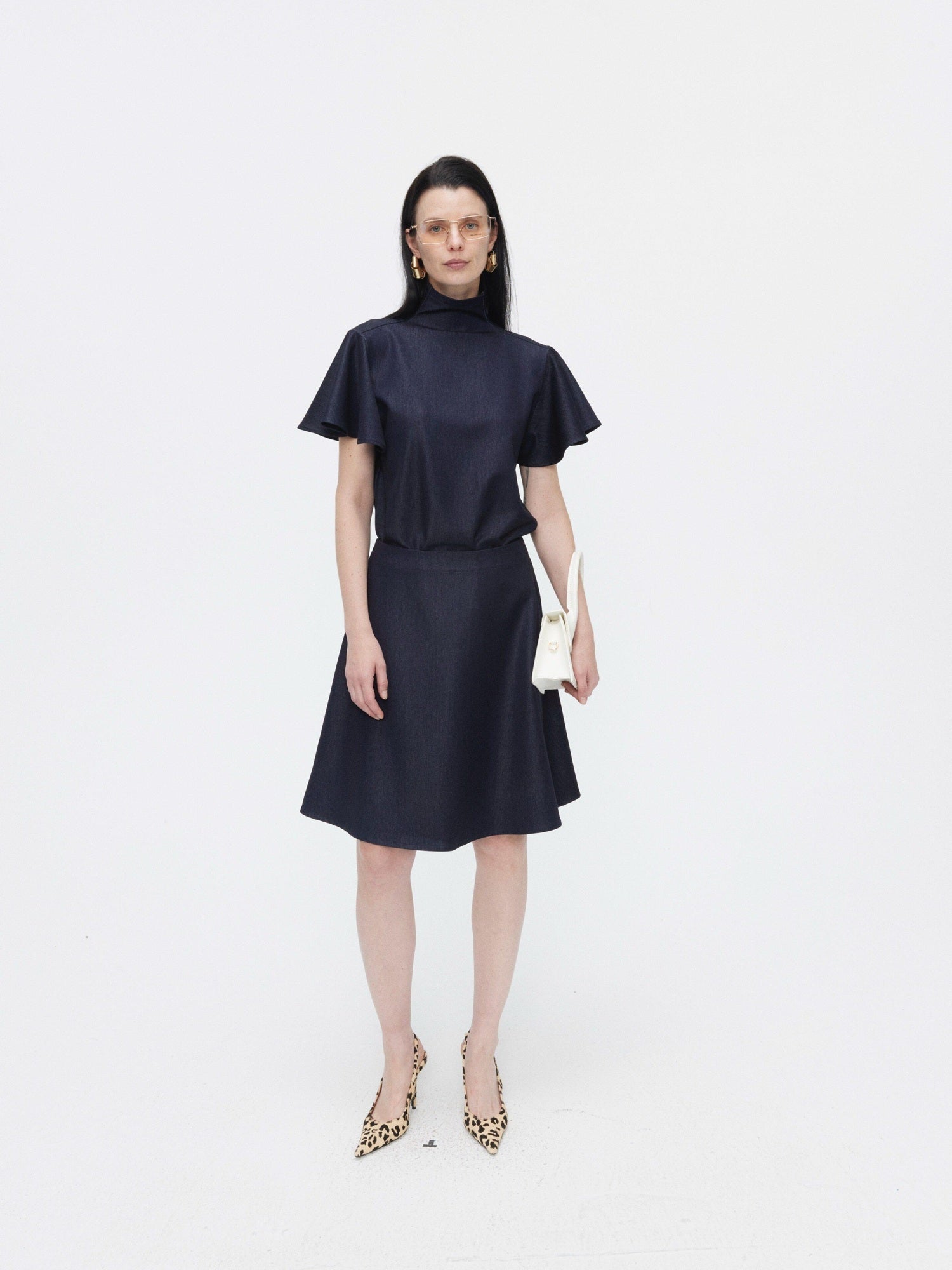 BUZHOU High Neck Short Sleeve Two Piece High Waist A Line Denim Women Top & Skirt Sets