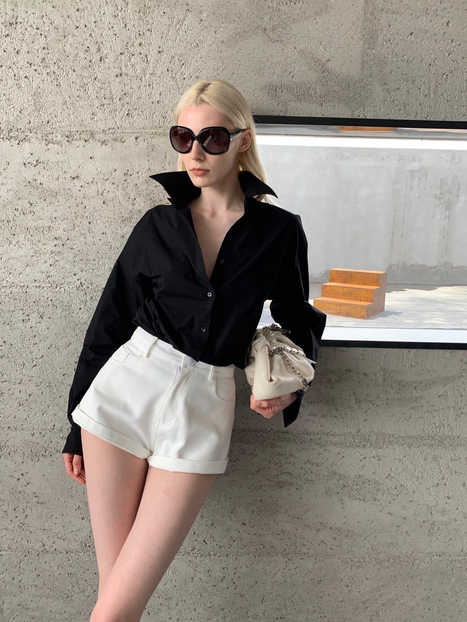 BUZHOU High Waist Cotton Clean Fit Wide Leg Women Black White Short Denim Shorts