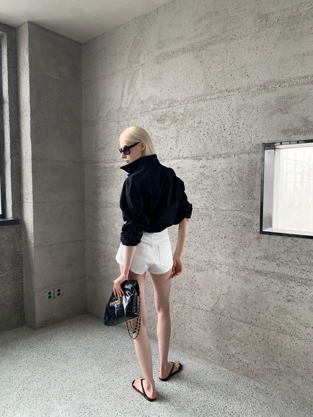 BUZHOU High Waist Cotton Clean Fit Wide Leg Women Black White Short Denim Shorts