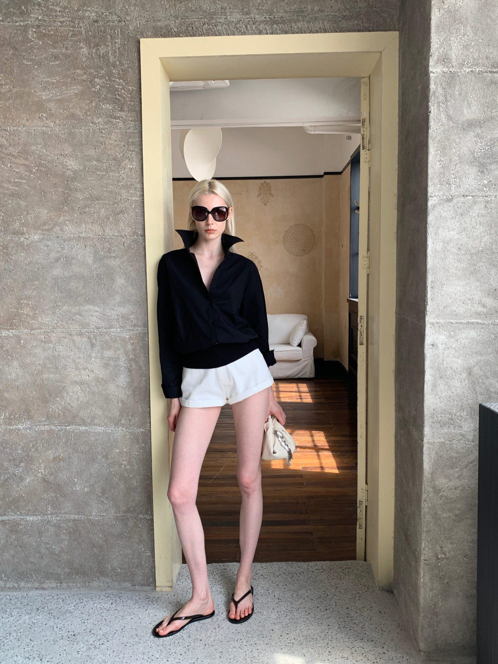 BUZHOU High Waist Cotton Clean Fit Wide Leg Women Black White Short Denim Shorts