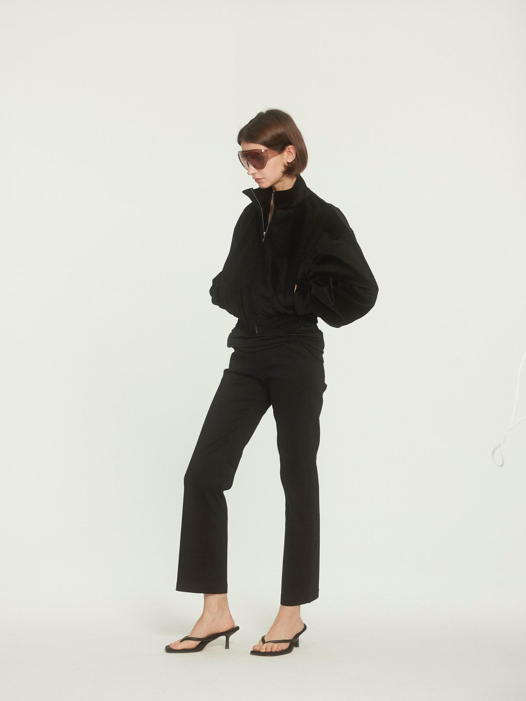 BUZHOU High Waist Stretch Cotton Workwear Zipper Fly Black Ankle Straight Pants