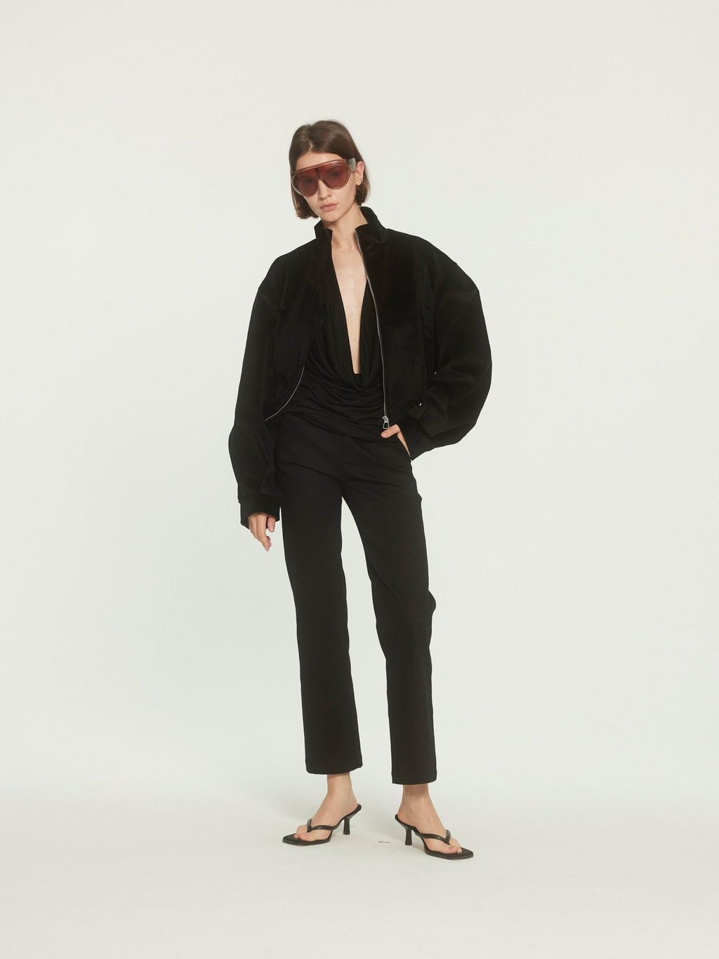 BUZHOU High Waist Stretch Cotton Workwear Zipper Fly Black Ankle Straight Pants