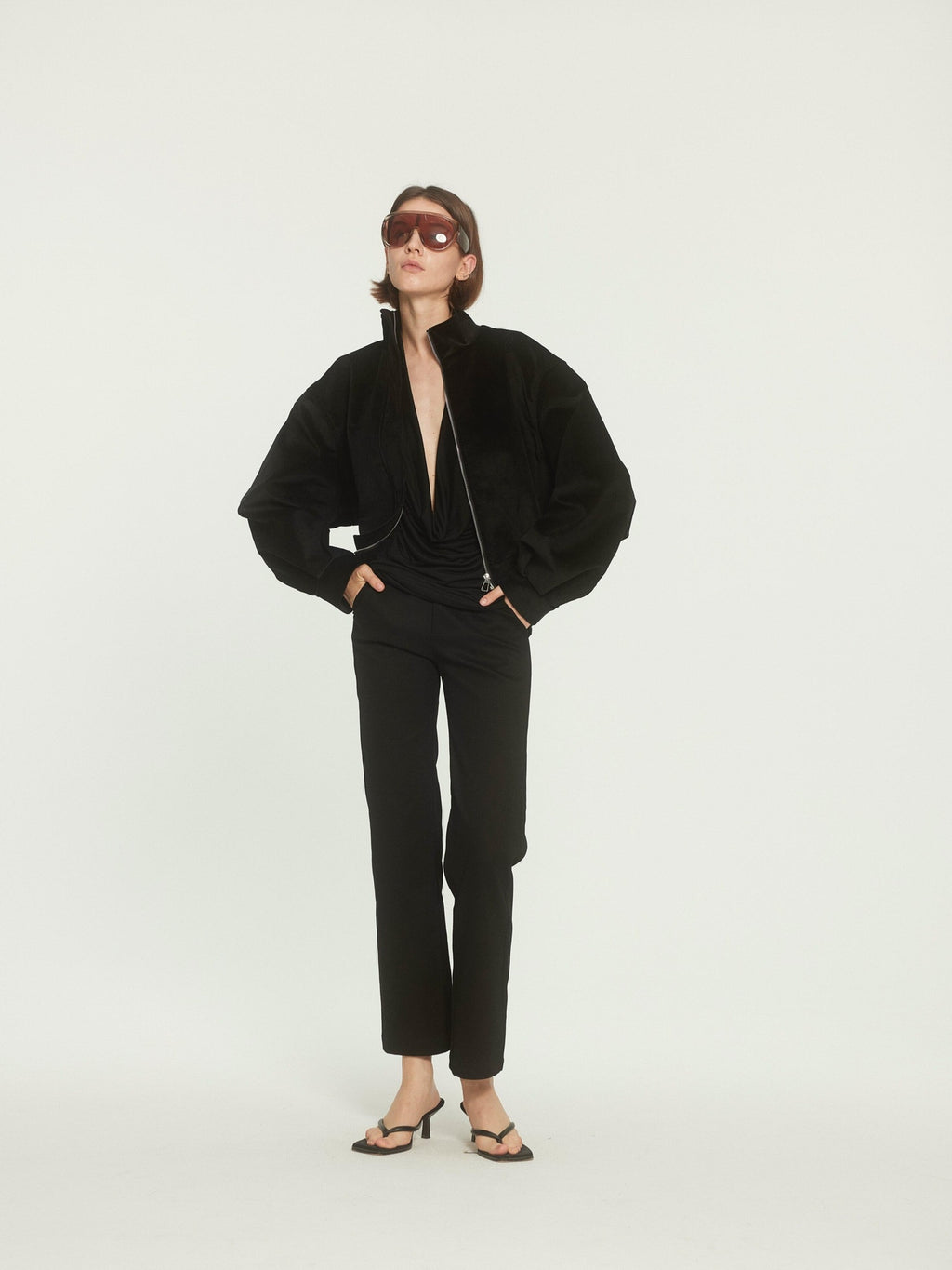 BUZHOU High Waist Stretch Cotton Workwear Zipper Fly Black Ankle Straight Pants