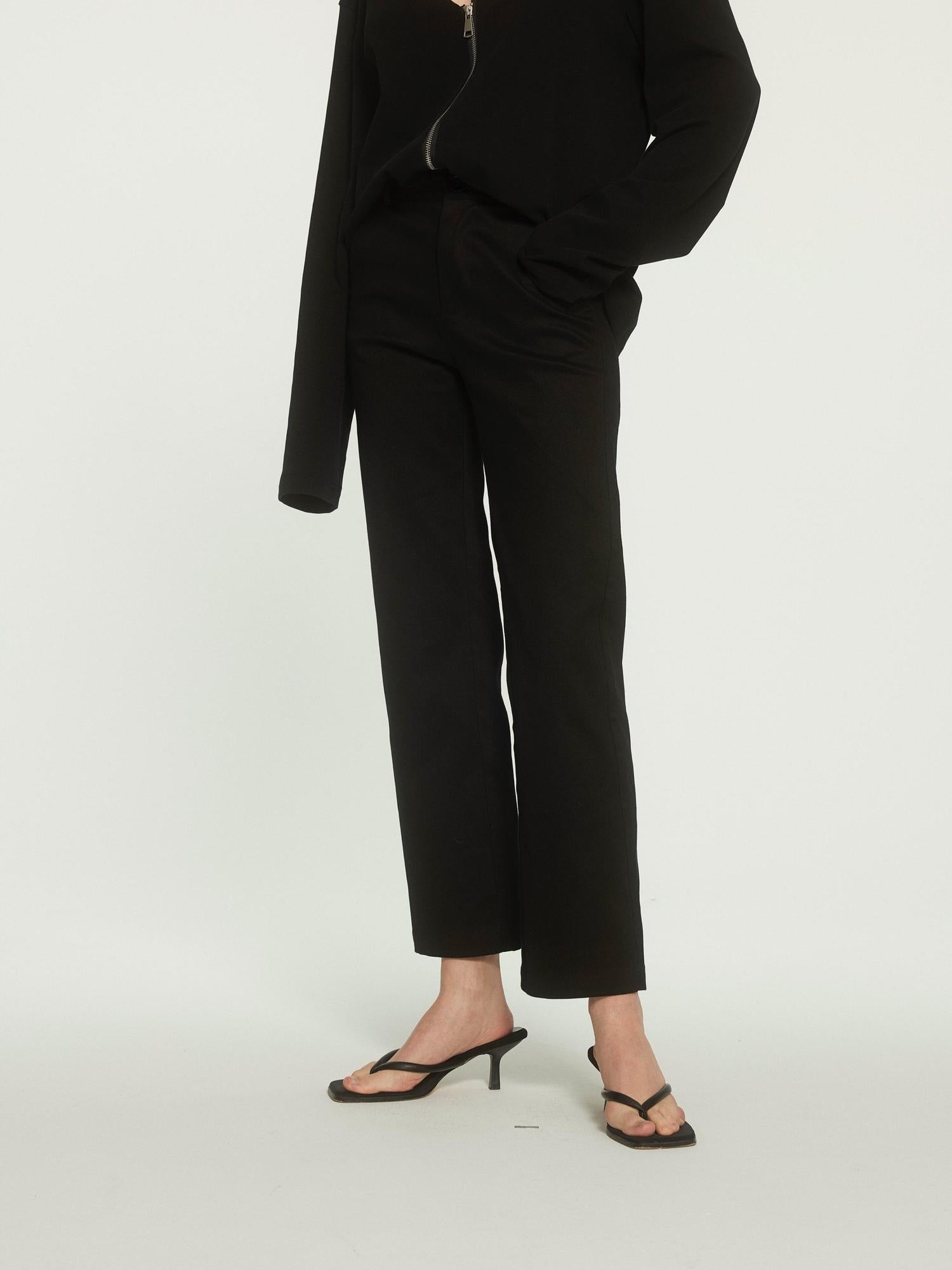 BUZHOU High Waist Stretch Cotton Workwear Zipper Fly Black Ankle Straight Pants